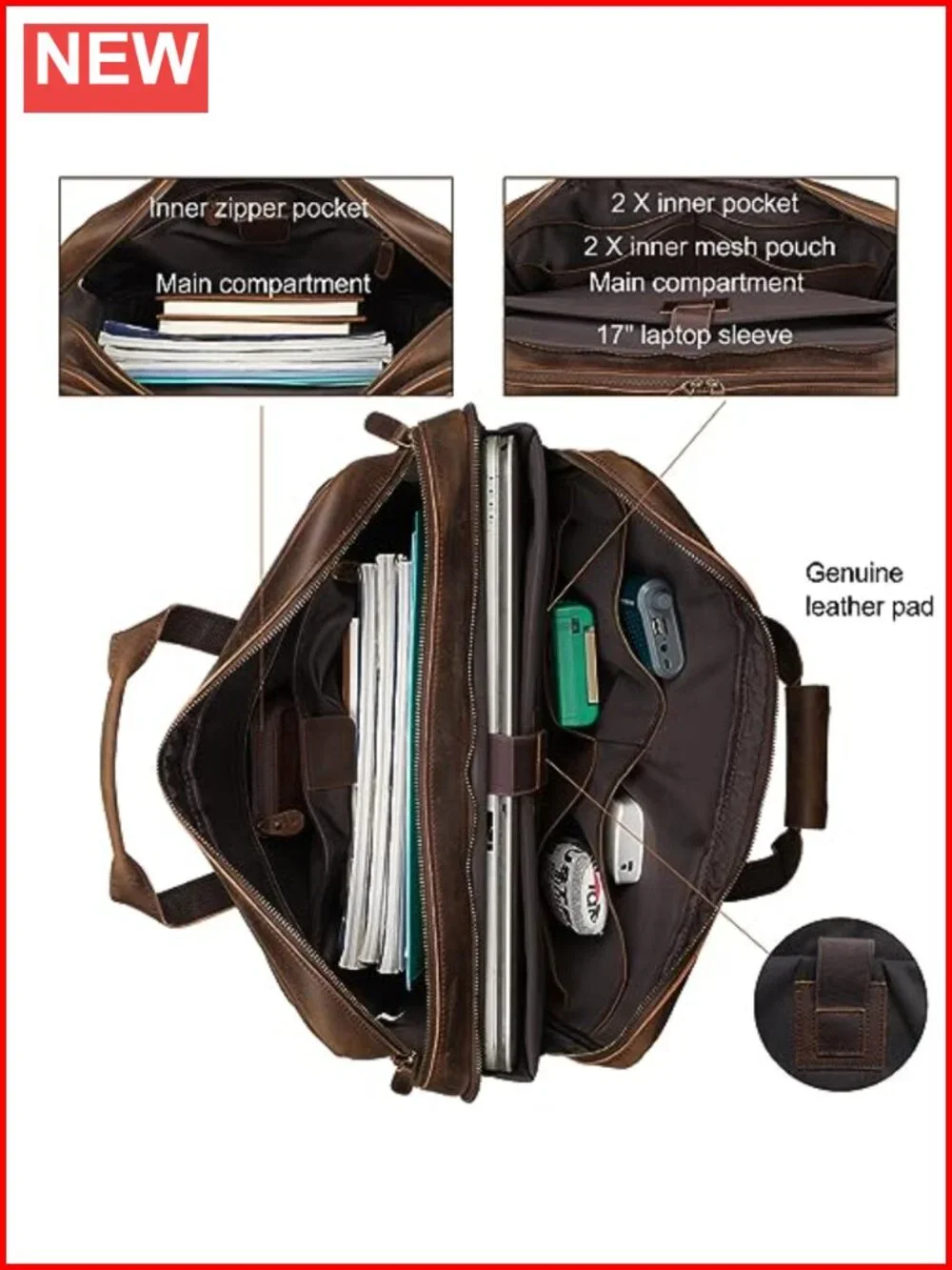 Full Grain Cowhide Leather Briefcase for Men 17